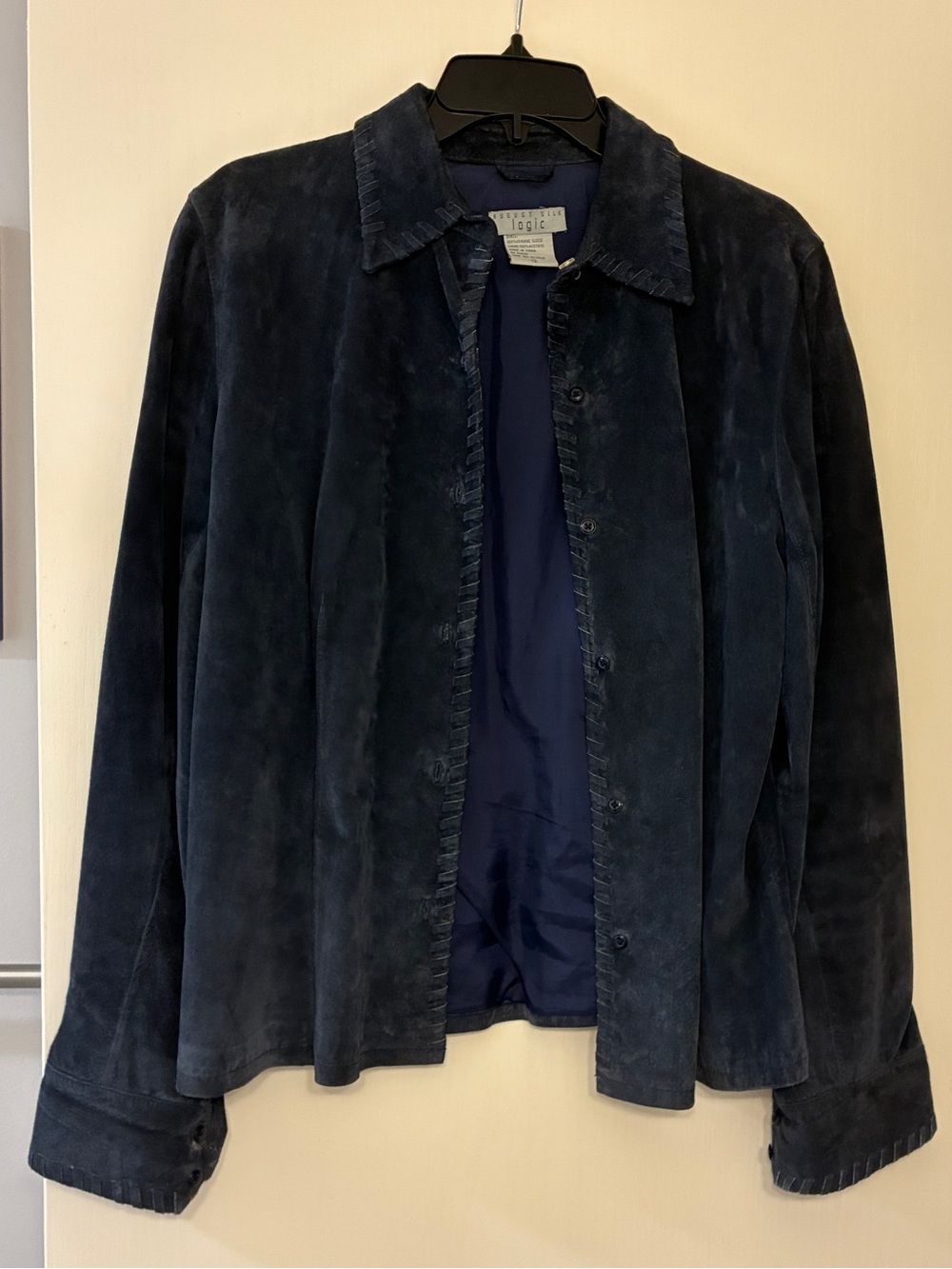 Vintage August Silk Navy Leather Suede Button-Front Jacket Western Whipstitch
